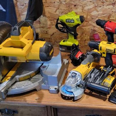 Sale Photo Thumbnail #284: Dewalt Chop Saw, Angle Grider, Drill and chargers
RYOBI Compressor, Craftsman and Black & Decker Drills