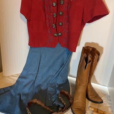 Vintage Jacket And Long Chambray Skirt With Boots And