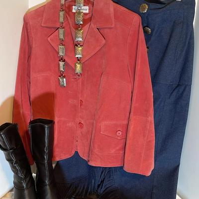 Boston Harbor, Coral, Suede Jacket, Fringe Denim Skirt, Belt, And Boots