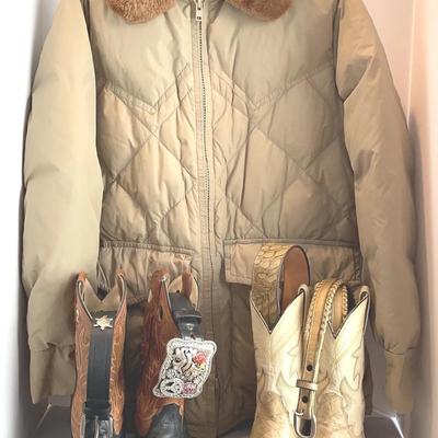 Assorted Lot Of Women’s Cowgirl Boots With Belts And Warm Puffer Coat