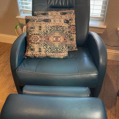 Blue Leather Swivel Manual Recliner With Two Pillows