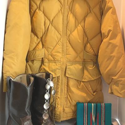 Women’s Lot - Coat, Cowgirl Boots, Belts, And Wallet 