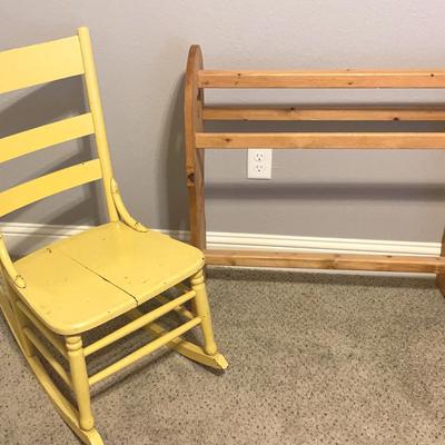 Oak Quilt Rack With Yellow Wood Small Rocking Chair