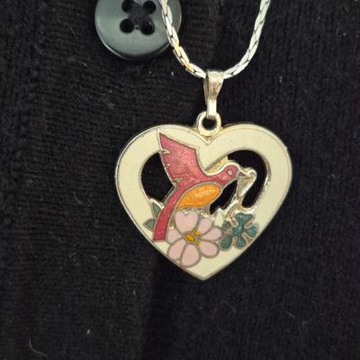 Vintage Reticulated Heart Cloisonné Pendant on 24" Spring Ring Clasp Chain