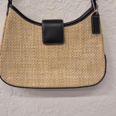 Coach Straw Shoulder Bag with Black Leather Trim - Strap Drop 9"
