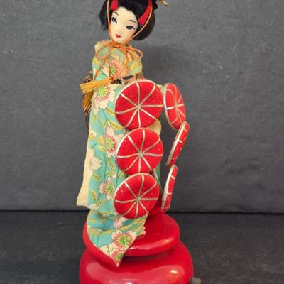 Vintage Japanese Seven Hats Dance Geisha Rotating Musical Doll - Plays "Kojo No Tsuki" - 10¼" Tall