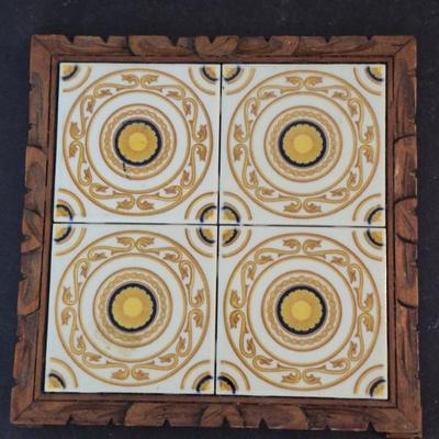 Vintage Dal-Tile Mexico Hand Painted 4-Part Ceramic Tile in Hand Carved Wood Frame Trivet - 10" Square