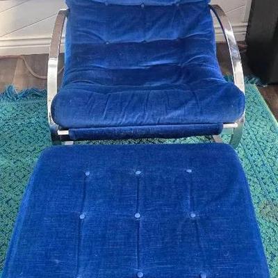 Renato Zevi Ellipse Tufted Blue Velvet Rocking Chair And Ottoman