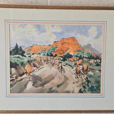 Cattle Drive in the Red Rocks - Watercolor by James T Brown 