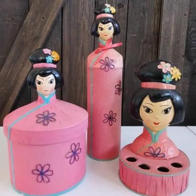 Vintage Asian Style Bathroom Accessories: Hairspray Cover, Toiletpaper Cover, Lipstick Holder