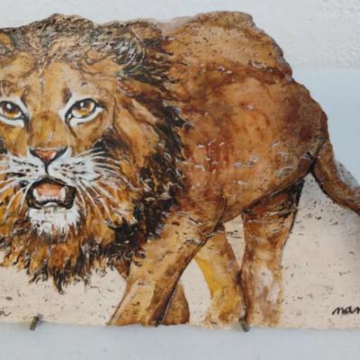 Black Maned Lion Painted on Travertine by Nan Lee