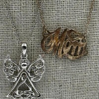 Sterling Angel and “Mom” Pendants on Sterling Chains