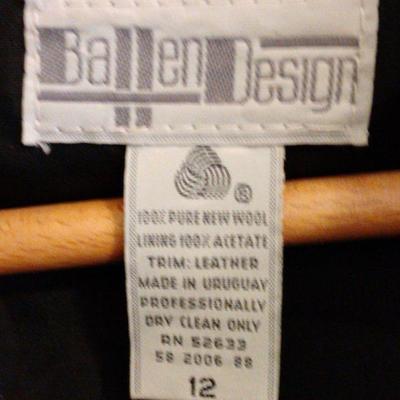Vintage Ballen Design Wool Coat, Shoulder Pads, Leather Trim, Size 12 