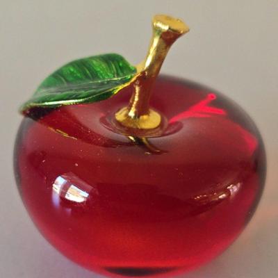 Red/Yellow Glass Art Apple Paperweights W/ Gold Stems And Green Enamel Leaves 