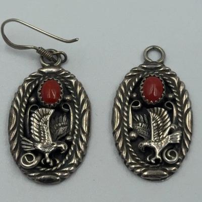 Native American Artist Stamped Sterling Eagle And Coral Earrings