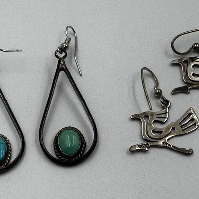 Native American Unmarked Sterling And Turquoise Earrings and Stamped Roadrunners