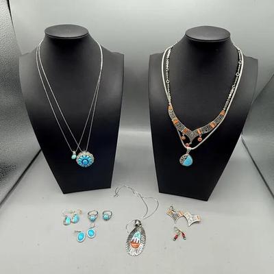 Sterling With Turquoise And Coral Jewelry Lot 