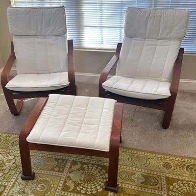 2 IKEA Poang Matching Chairs & Ottoman 