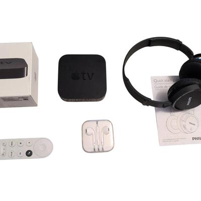 KR315 Apple TV New In Box,, Apple Ear Buds New Unopened, And Phillips Bluetooth Headphones