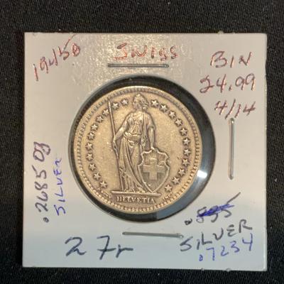 1945 –  Silver Swiss Bin 2Fr. Circulated Coin