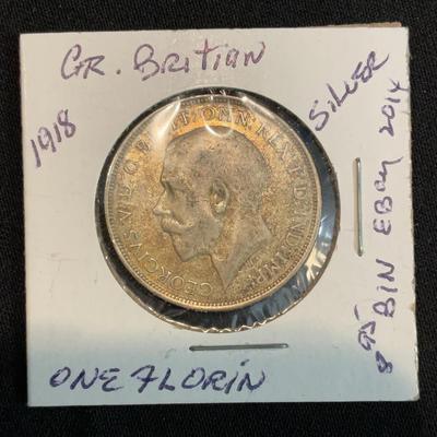 1918 - GR. Britain One Florin Silver Coin 