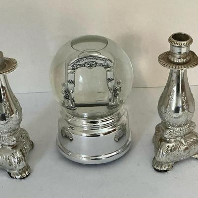 Avon candlesticks and anniversary globe music box