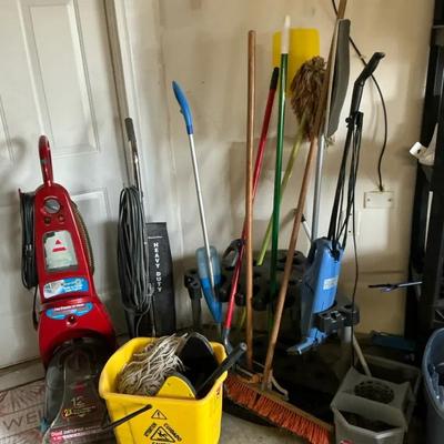 Large Cleaning Equipment Lot: Bissell Carpet Cleaner, Eureka Vacuum, Floor Machines, and Mopping Sup