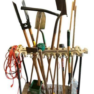 Gardening Tool Lot: Long-Handled Shovels, Rakes, Pruners, and Rolling Storage Rack