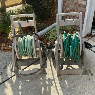 Lot of Two Portable Garden Hose Reels with Hoses