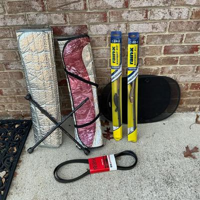 Automotive Accessories & Parts Lot: New Rain-X Wipers, Motorcraft Drive Belt, Sunshades, and Lug Wre