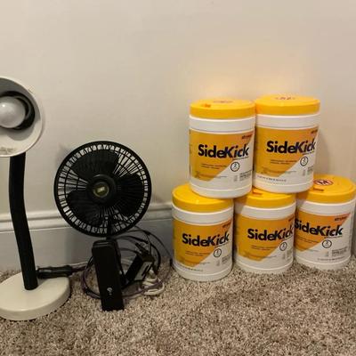 Bulk Lot: 5 Tubs Stryker SideKick Disinfecting Wipes, Desk Lamp, and DC Clip-On Fan