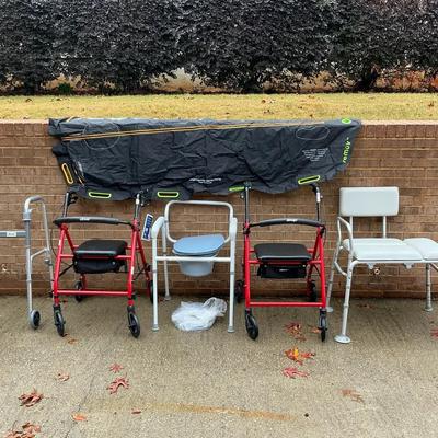 Mobility & Bath Safety Lot: Drive Rollator Walkers, Shower Bench, Commode, and Transfer Sheet