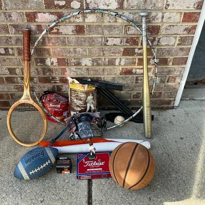 Large Sports Fan & Equipment Lot: Baseball Bat, NCAA Basketball, Flag Football Set, Vintage Tennis R