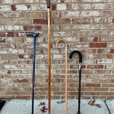 Collector's Lot of Four Walking Sticks and Canes: Adjustable, Wooden, and Derby Handle Styles