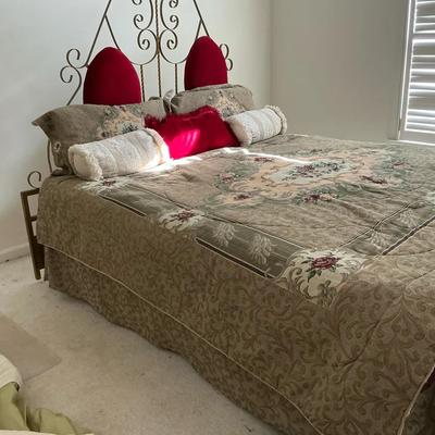 Cal King brass scroll bed and bedding