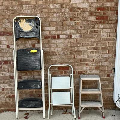 Utility Ladder and Step Stool Lot: Three Pieces Including 3-Step Folding Ladder and Wooden Stool