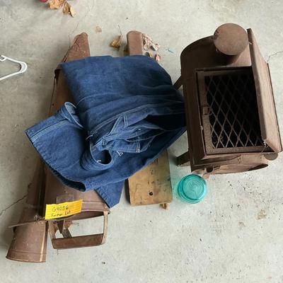 Vintage Rustic Farmer's Lot: Antique Corn Planter, Metal Smoker/Stove, Ball Jar, and Dickies Overall