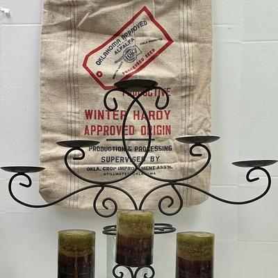 Iron Scroll Candle Holders and Antique Seed Sack ”Stillwater, Ok”