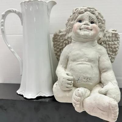 Ceramic Pitcher and Cherub Garden Statue 