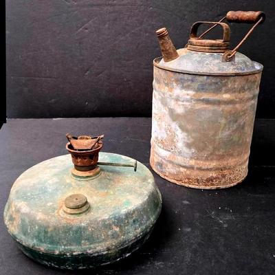 Galvanized Metal Can and Metal Kerosene Lamp