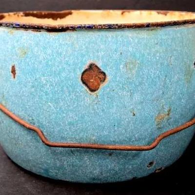 Blue Enamelware Pot With Wire Bail Handle