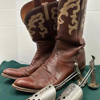 Vintage Brown Leather Cowboy Boots with Metal Boot Stretchers