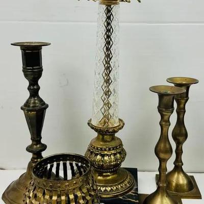 Vintage Brass Candlesticks and Holder