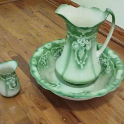 Vintage Green & White Pitcher and Bowl Set with Additional Small Pitcher
