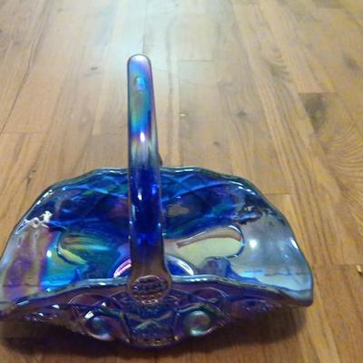 Vintage Iridescent Glass Basket Bowl – Carnival-Style Decorative Piece