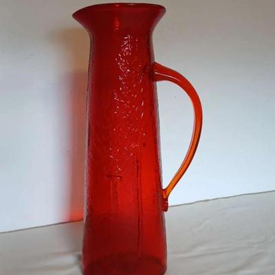 Tall Red Art Glass Pitcher – 17" Hand-Blown Decorative Piece