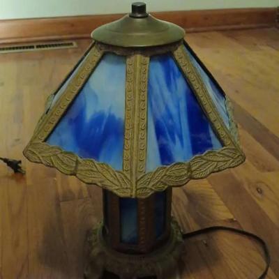 Small Metal and Glass Accent Lamp – Blue Slag-Style Panels