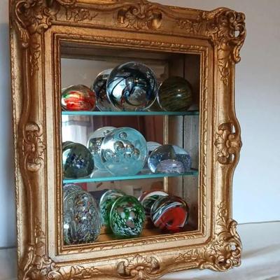 Set of 9 Glass Egg & Ball Paperweights with Curio Display Cabinet