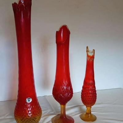 Kanawha-Style Red and Amberina Swung Glass Vases – Mixed Lot of Textured Pieces
