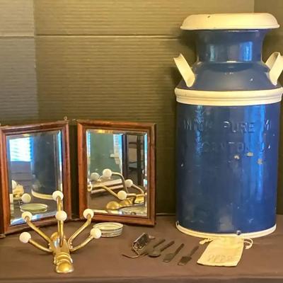 Painted Milk Can, Folding Mirror & Vintage Hardware Collection